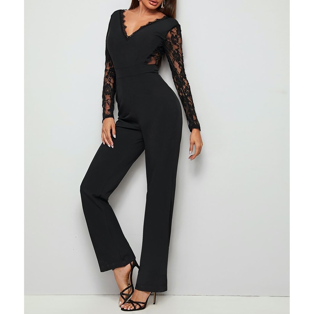 Black V Back Floral Mesh Lace Cocktail Jumpsuit - Picture 4 of 6